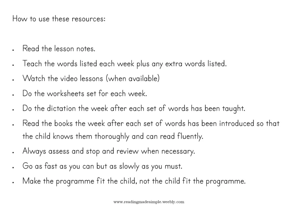 EE packet directions explain when to teach words, use worksheets, read books, give dictation, and review