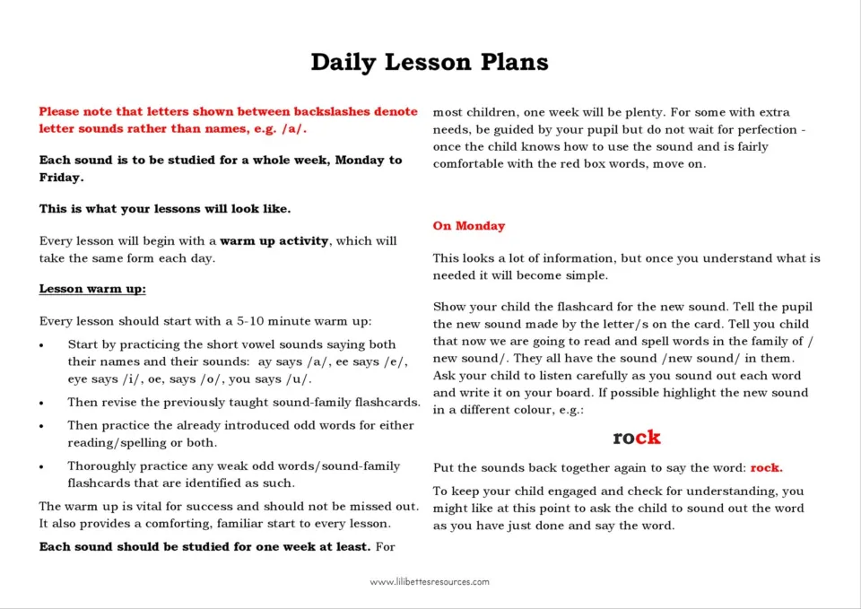 Daily lesson guidance covers a 5–10 minute warm-up and Monday sound instruction, using rock as an example
