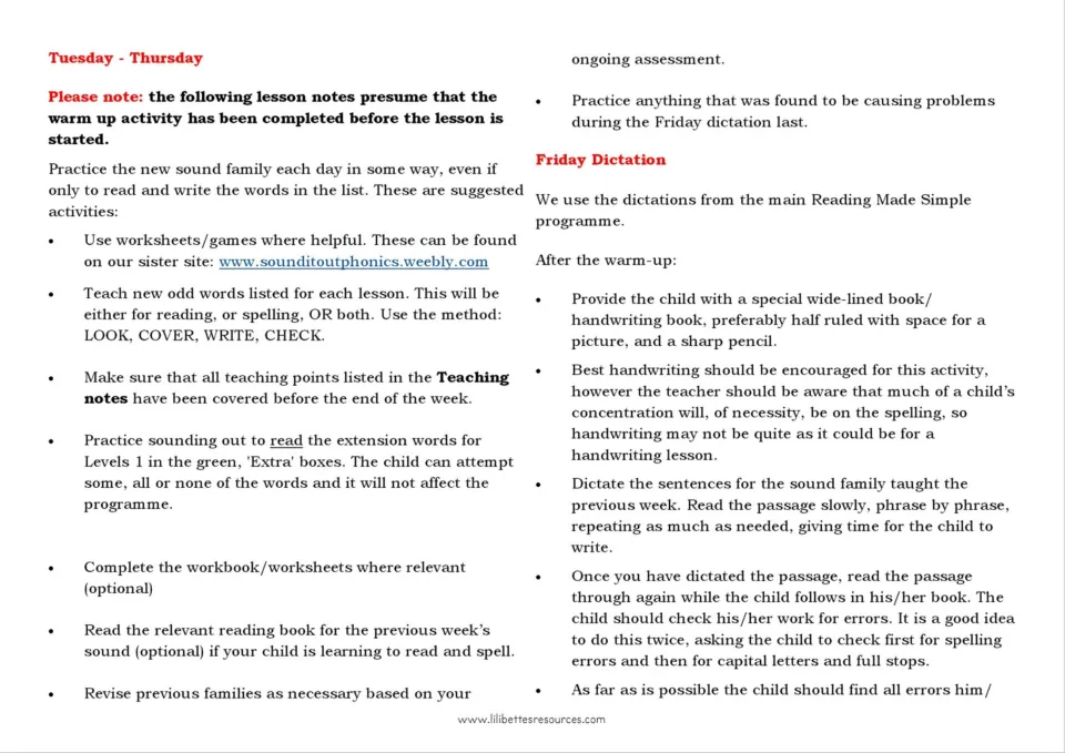 Tuesday–Thursday lesson guidance covers sound-family practice; Friday dictation steps include checking errors