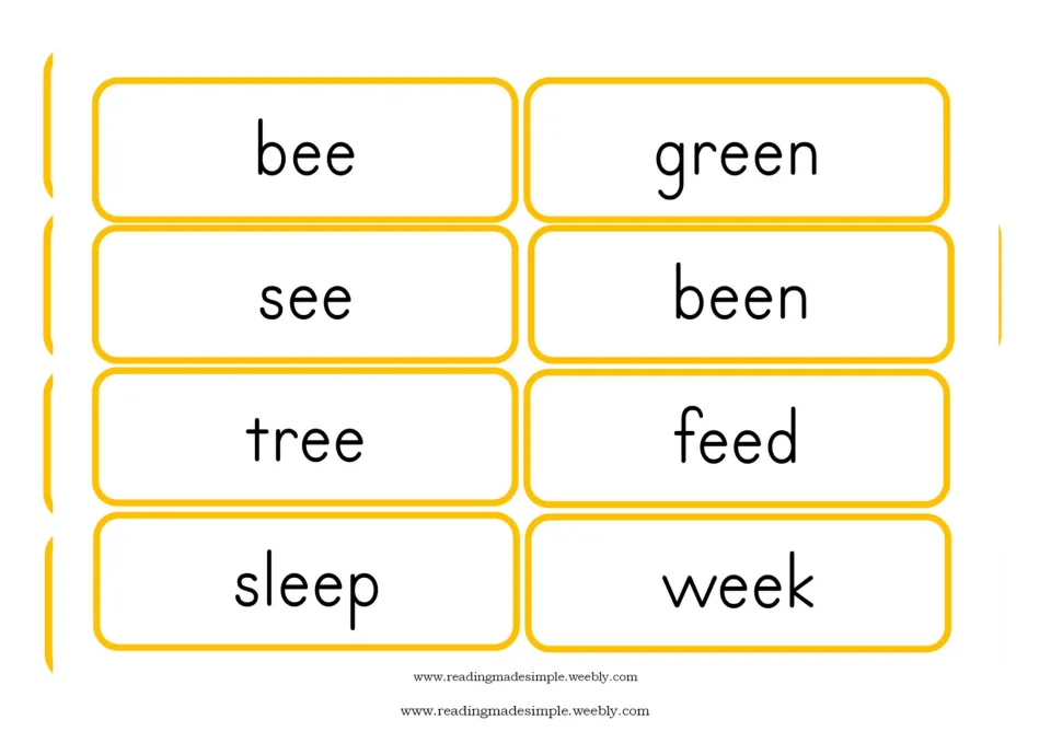First eight word cards for EE reading practice: bee, green, see, been, tree, feed, sleep, and week