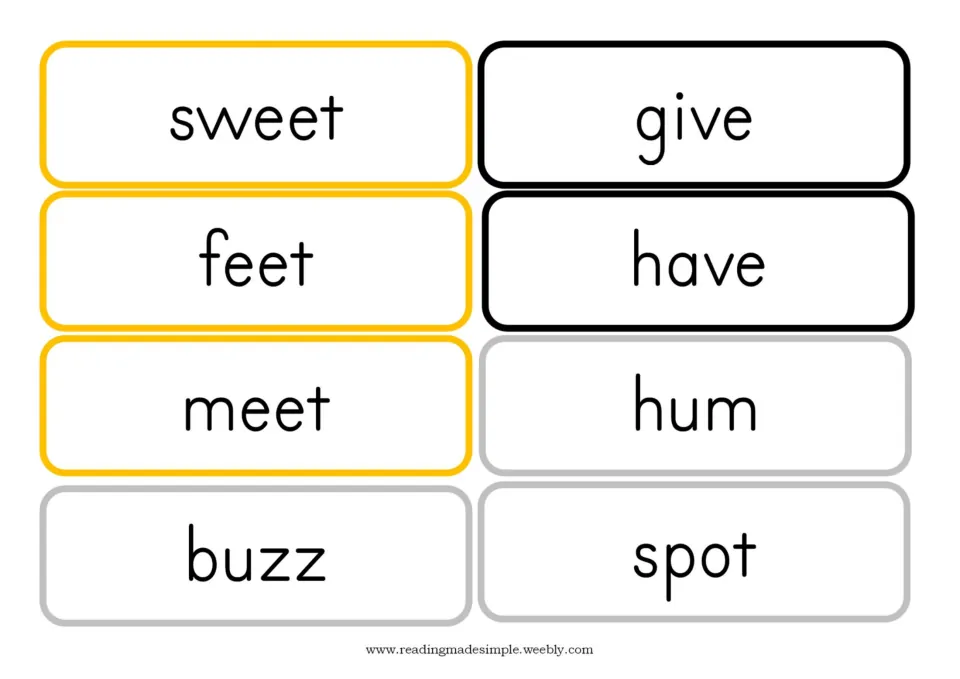 Second eight word cards for the EE lessons: sweet, give, feet, have, meet, hum, buzz, and spot