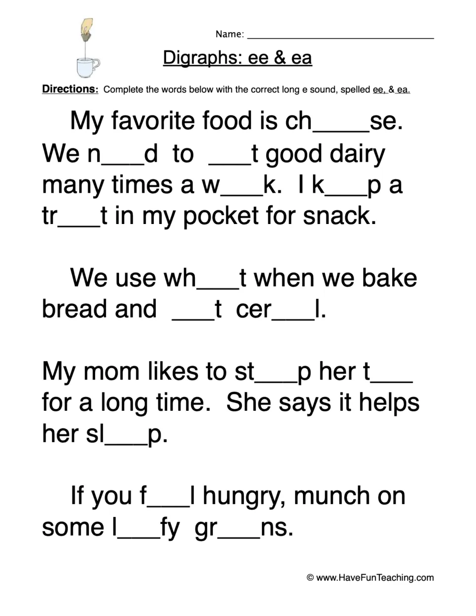 Long e digraph practice: complete food-themed sentences using ee or ea in cheese, wheat, tea, and greens.