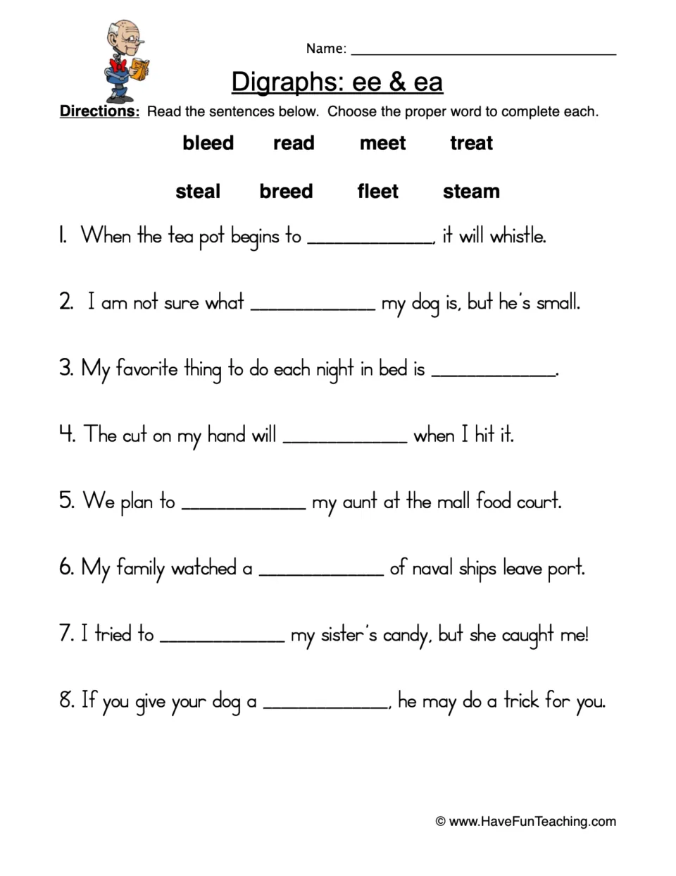 Digraphs ee & ea: students pick words like bleed, read, steam and fleet from a word bank to complete 8 sentences
