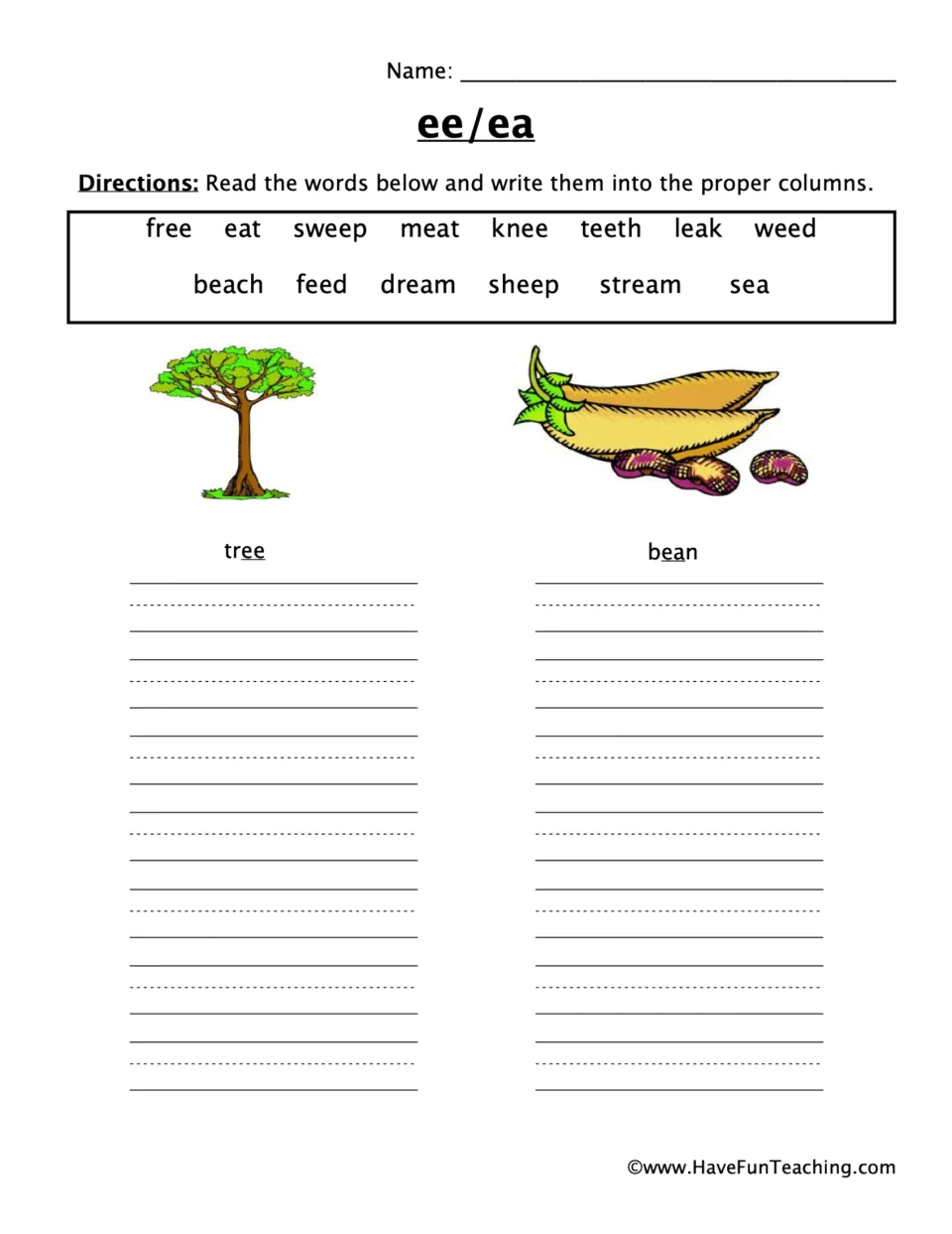 ee/ea word sort: students write 14 words like free, beach and sheep under the tree or bean picture by vowel team