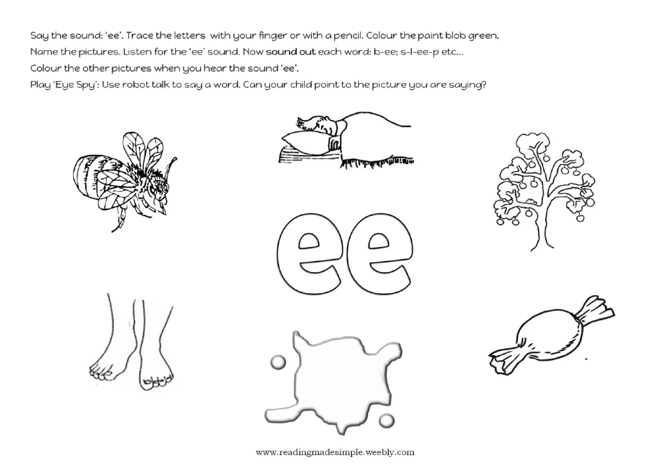 Long ee sound intro: students trace ee, name pictures like bee, tree, feet and sweet, and colour those with the ee sound