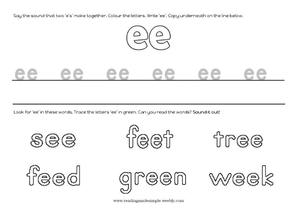 ee letter formation: students trace and copy ee, then trace ee in green in see, feet, tree, feed, green and week