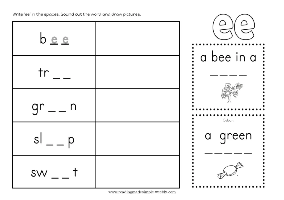 Missing ee words: students write ee to finish bee, tree, green, sleep and sweet, draw each and fill in two picture phrases