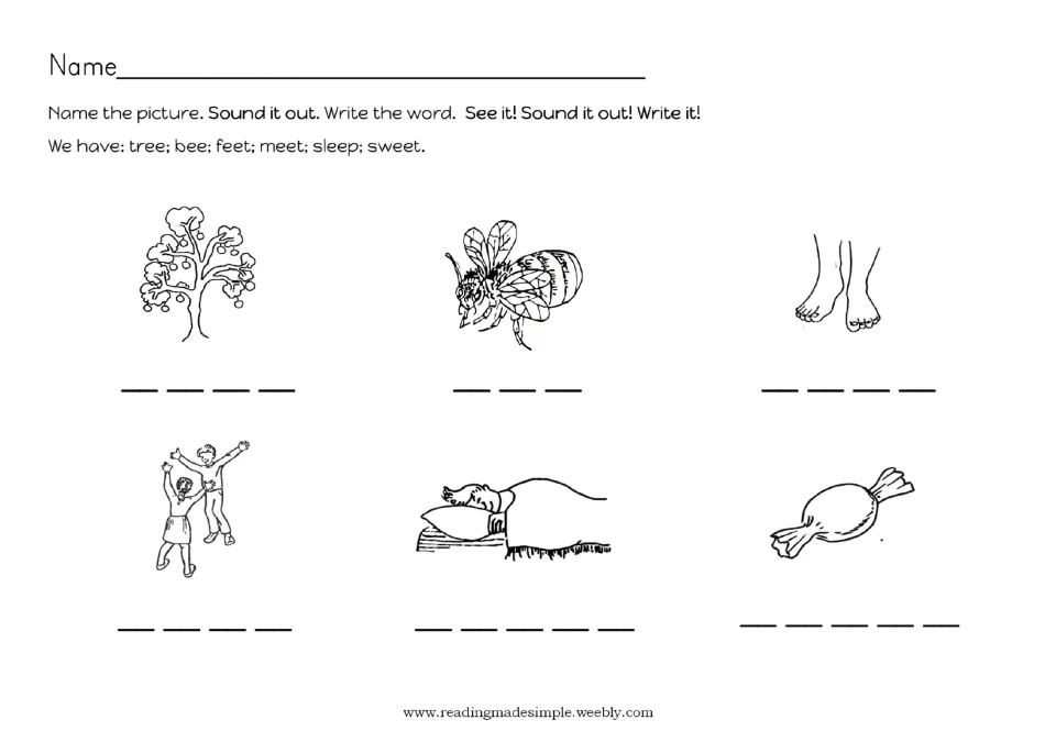Picture spelling: students name six pictures and write tree, bee, feet, meet, sleep or sweet under each one