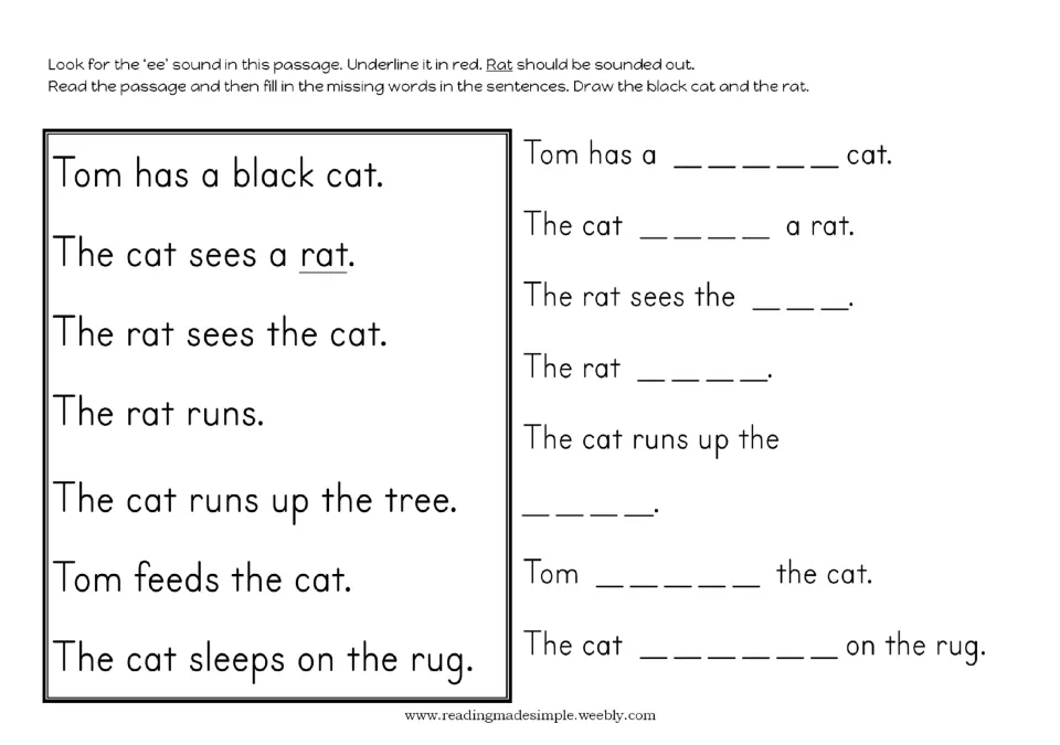 Tom and his cat passage: students underline ee words in red, then fill in missing words like sees, tree, feeds and sleeps