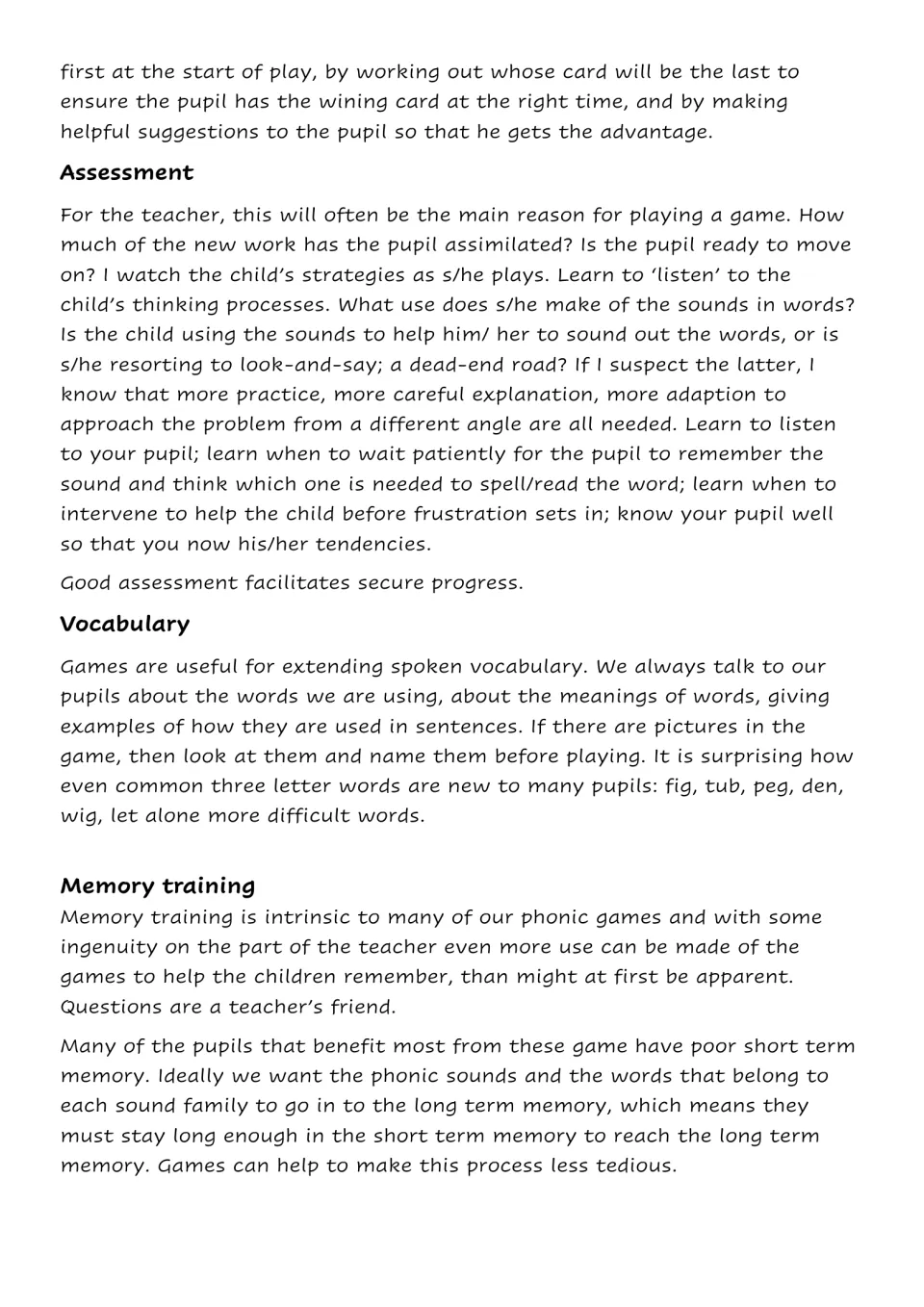 Teacher's notes continued: sections on assessment while watching play, vocabulary talk about pictures and memory training