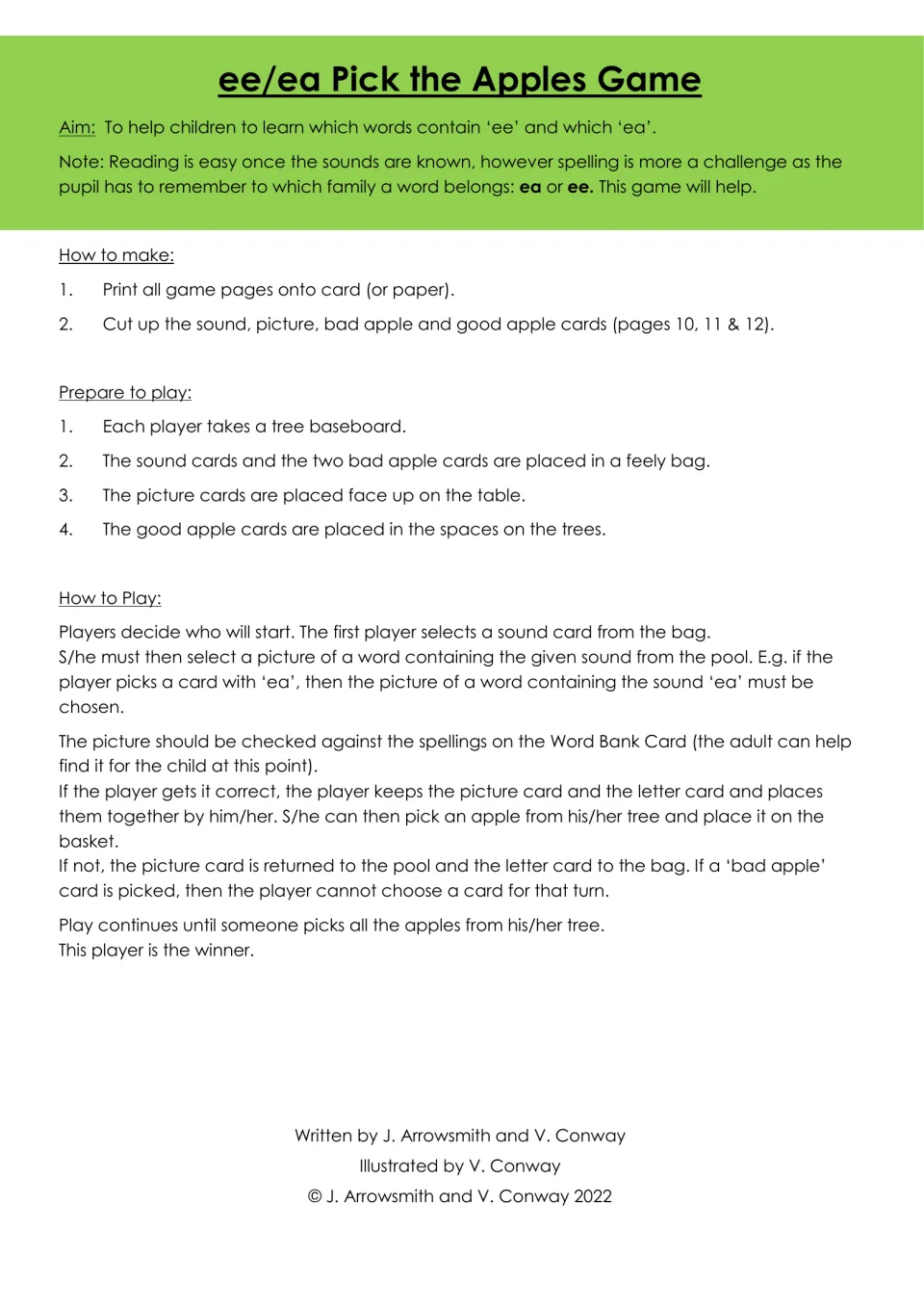 Pick the Apples game rules: how to make and set up the cards, then match a drawn ee or ea sound card to a picture word