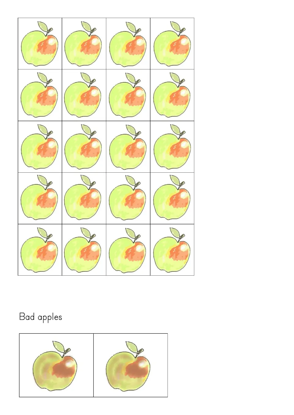 Apple cards to cut out: 20 good apples to place on the trees and 2 brownish bad apples that make a player miss a turn
