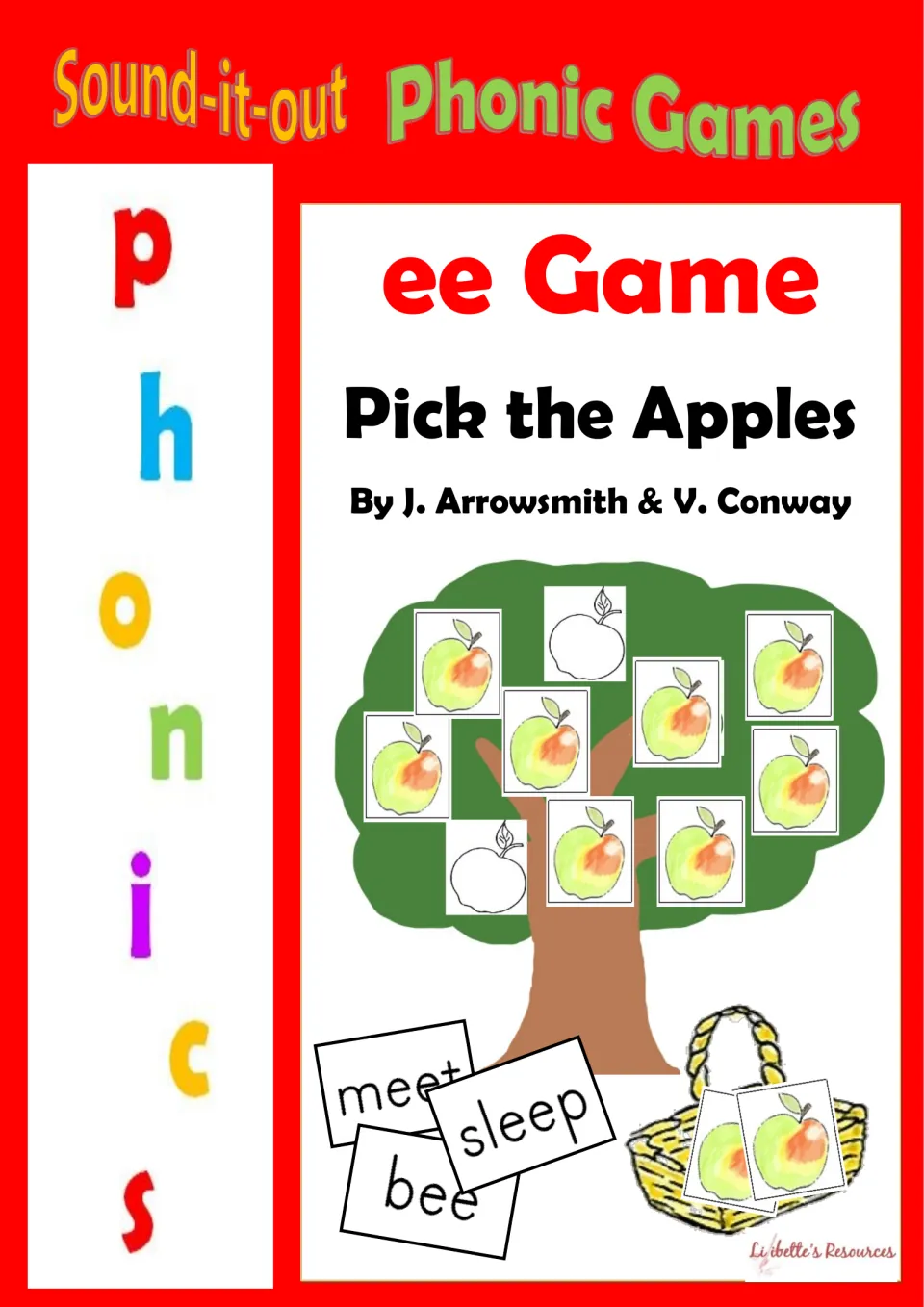 Cover of the ee Game Pick the Apples, a Sound-it-out Phonic Games board game with an apple tree, basket and ee word cards