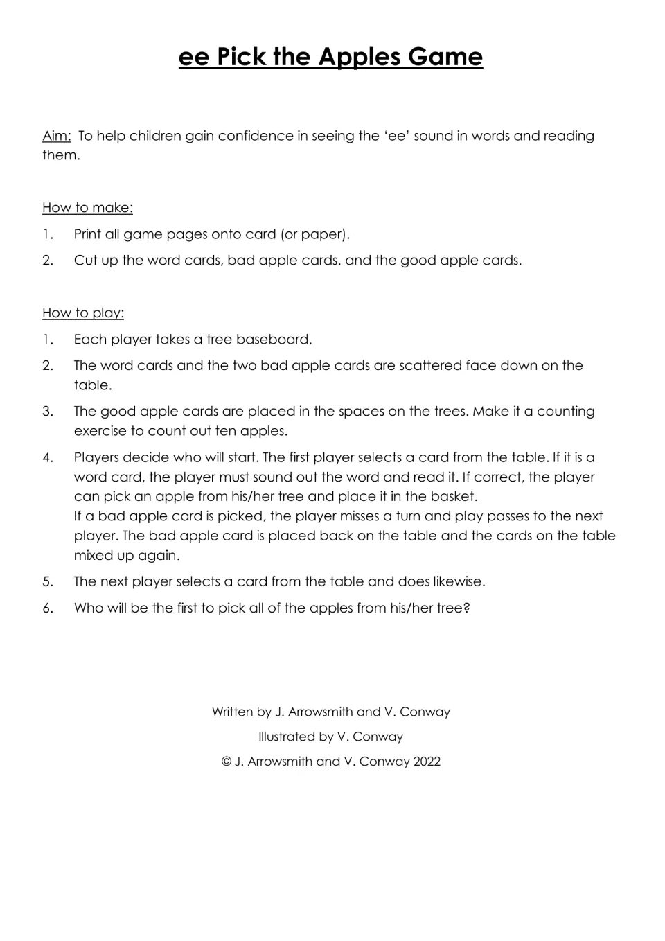 Game instructions: aim of reading ee words, how to make the cards and six steps for picking apples by reading word cards