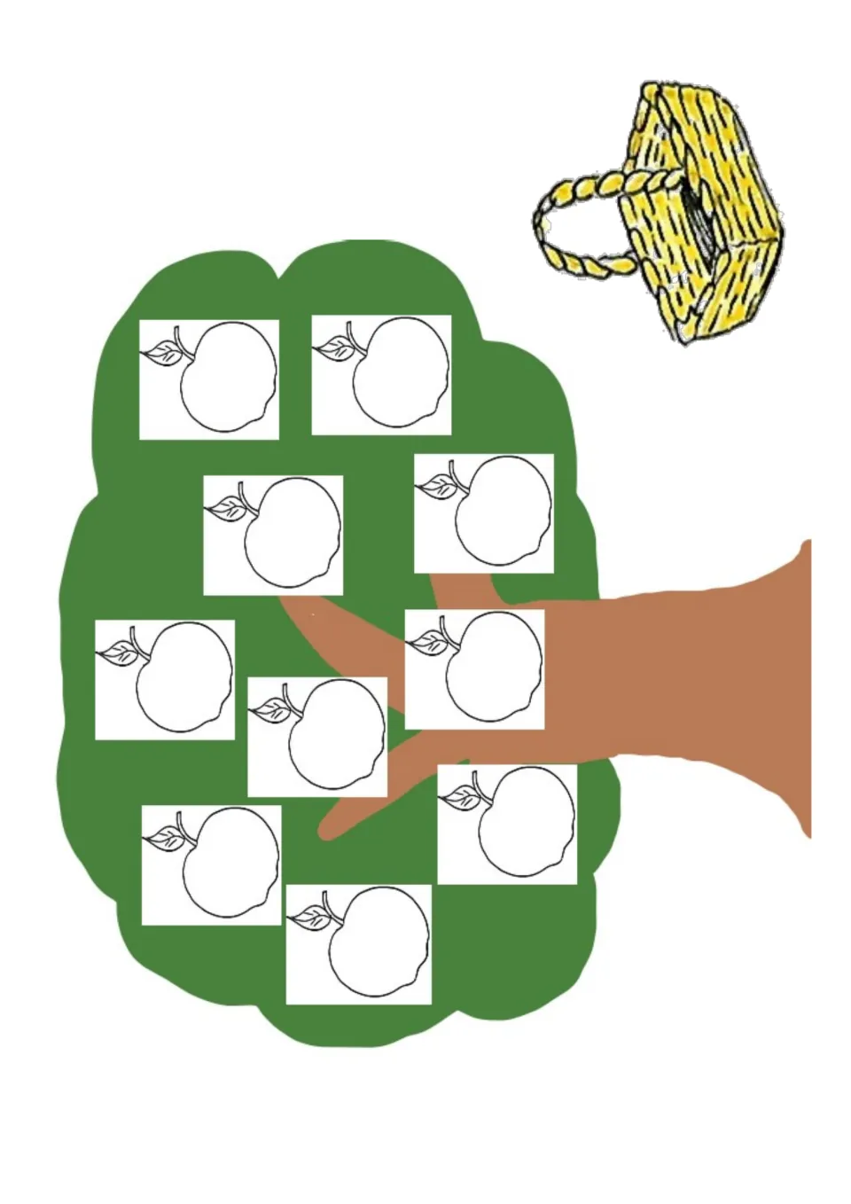 Tree baseboard: ten apple spaces on a green tree for good apple cards, with a basket at top right for picked apples