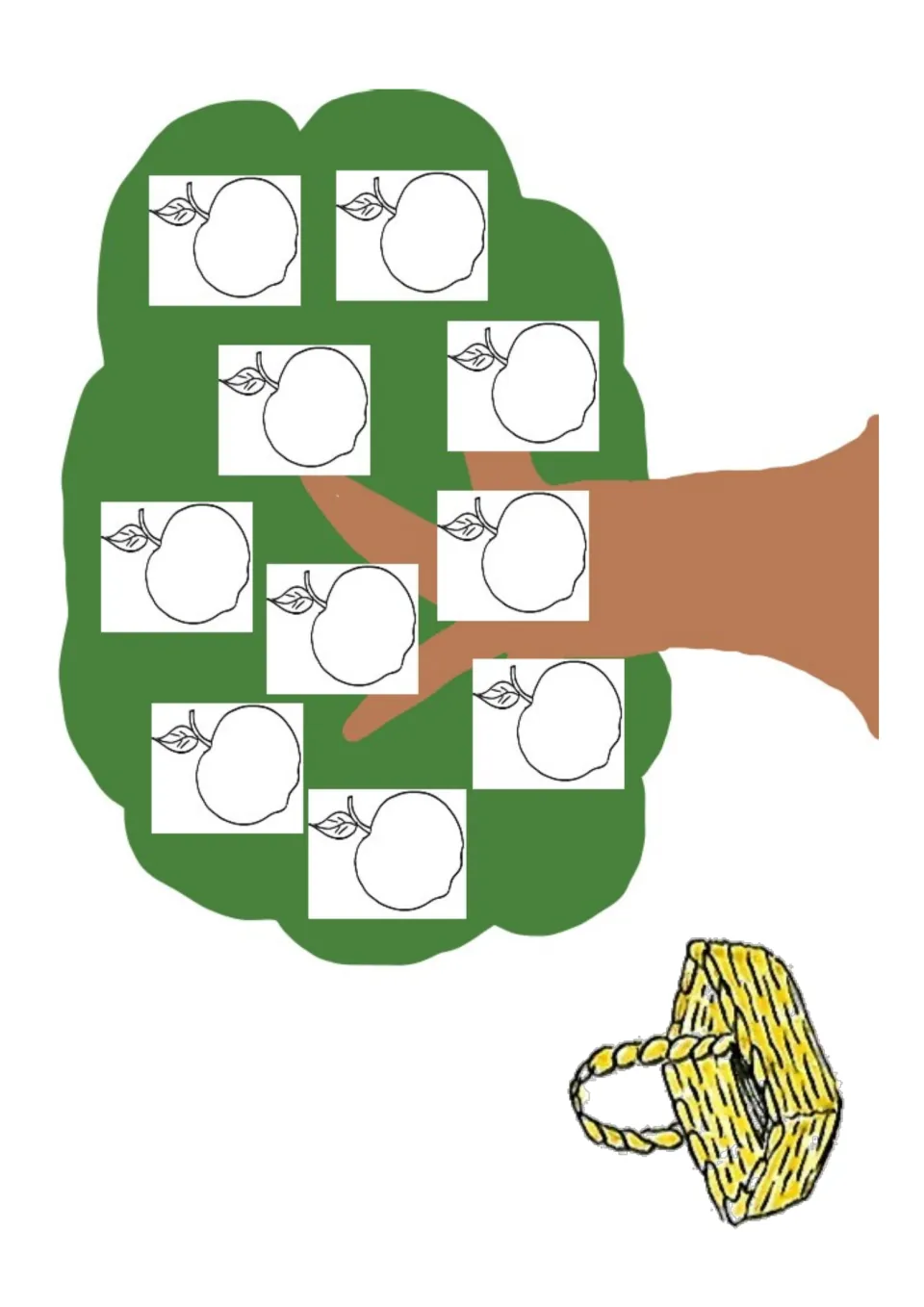 Second player's tree baseboard: ten blank apple spaces to fill and count out, with a basket at the bottom right