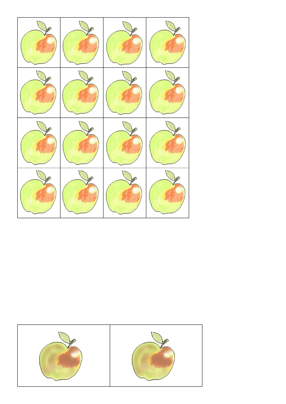 Apple cards to cut out: 16 good apple cards for the trees and two brown bad apple cards that make a player miss a turn
