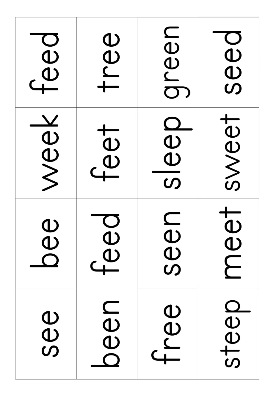 ee word cards to cut out and sound out: see, bee, been, free, feed, feet, tree, green, sleep, sweet, seed and more