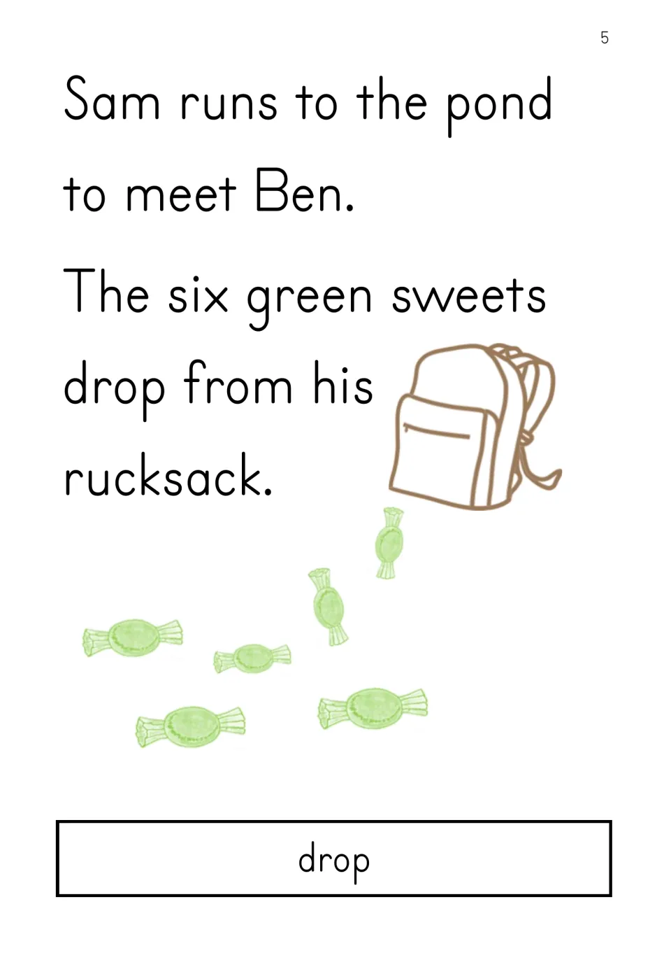Story page: Sam runs to the pond to meet Ben as six green sweets drop from his rucksack; focus word drop