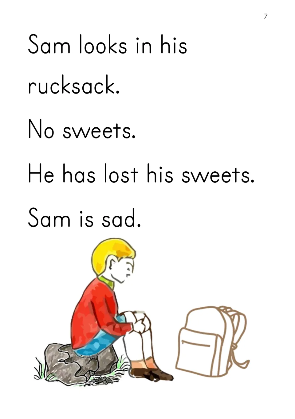 Story page: Sam looks in his rucksack, finds no sweets and is sad; picture of Sam sitting on a rock by his bag