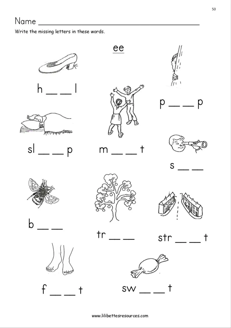 EE vowel team: students write the missing ee in 10 picture words such as heel, sleep, tree, bee, street, feet and sweet