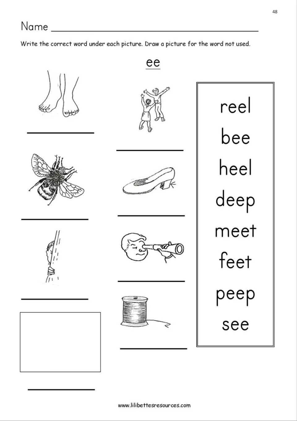 EE word match: students write heel, bee, feet, peep, meet, see or reel under each picture, then draw the unused word, deep