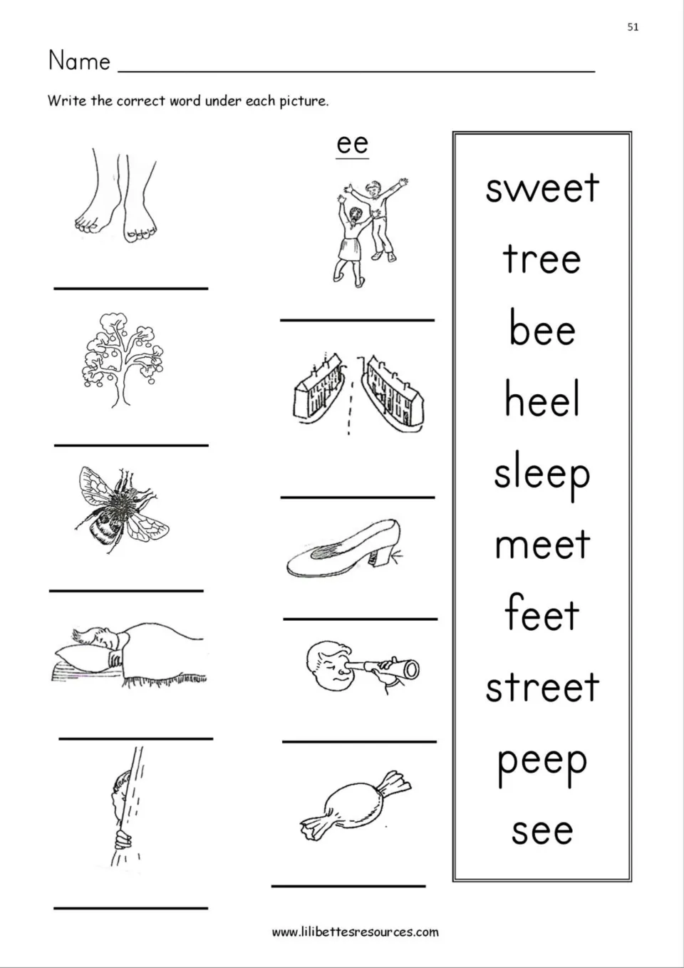 EE words from a 10-word bank: students label pictures of feet, tree, bee, sleep, peep, street, meet, heel, see and sweet