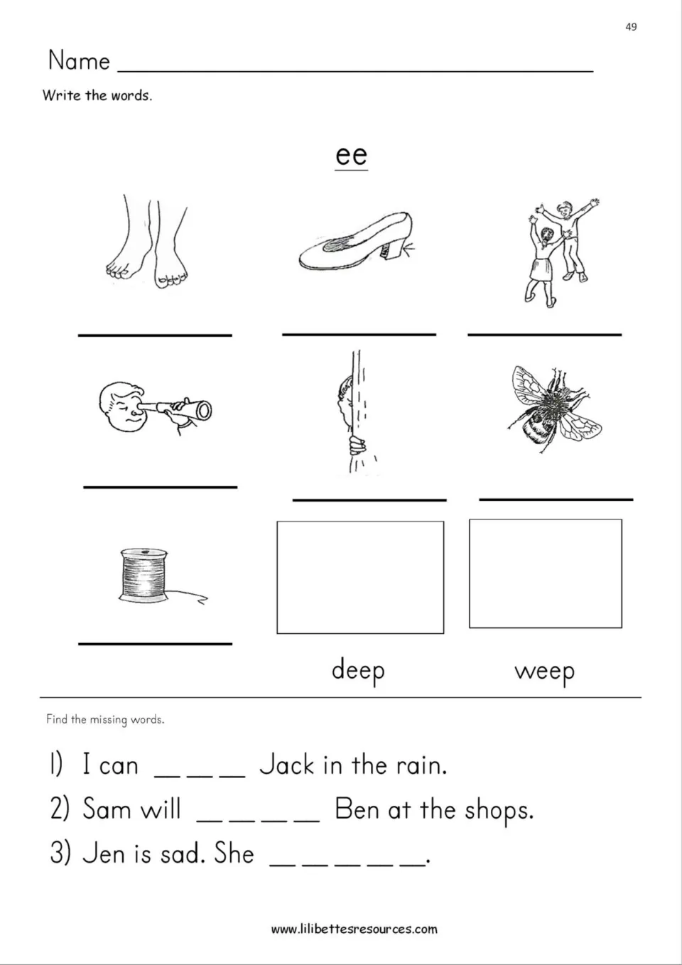 EE spelling: students write feet, heel, meet, see, peep, bee and reel, draw deep and weep, then complete three sentences