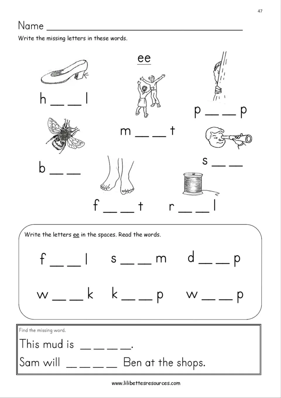 EE missing letters: students add ee to picture words and to feel, seem, deep, week, keep, weep, then finish two sentences