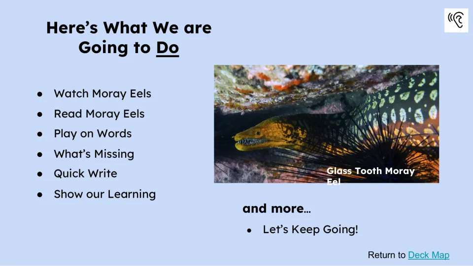Activity preview lists watching and reading Moray Eels, Play on Words, What's Missing, and Quick Write