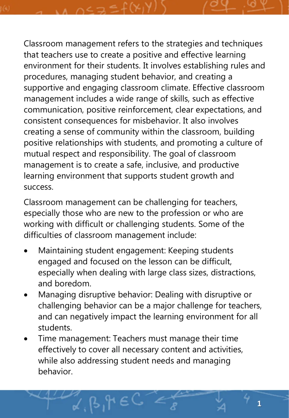 Intro defining classroom management, then listing challenges: student engagement, disruptive behavior and time management