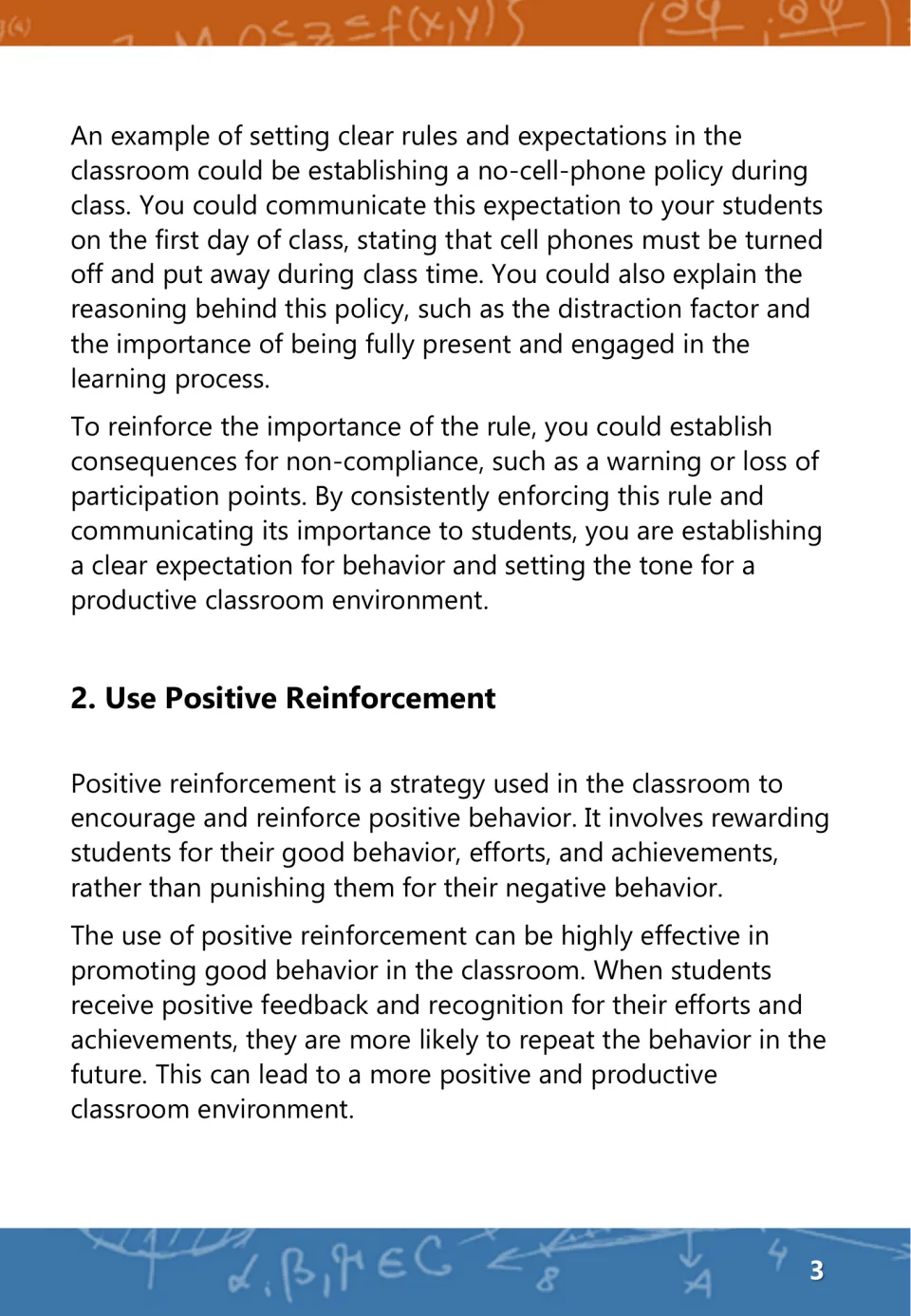 No-cell-phone policy example with consequences for breaking rules, then strategy 2, Use Positive Reinforcement, defined
