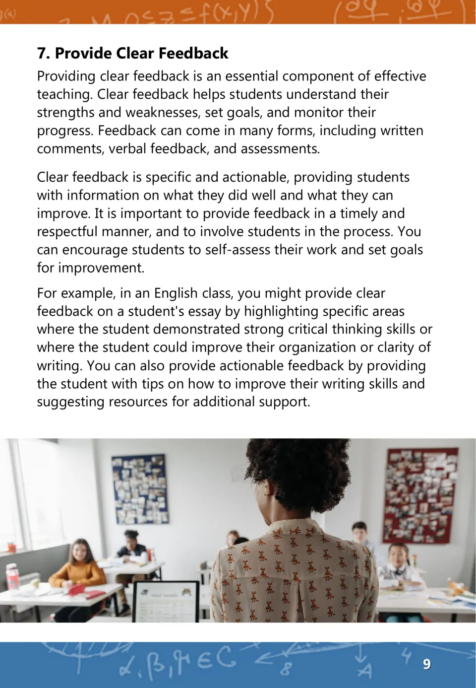Strategy 7, Provide Clear Feedback: specific, timely comments, student self-assessment, essay example; class photo