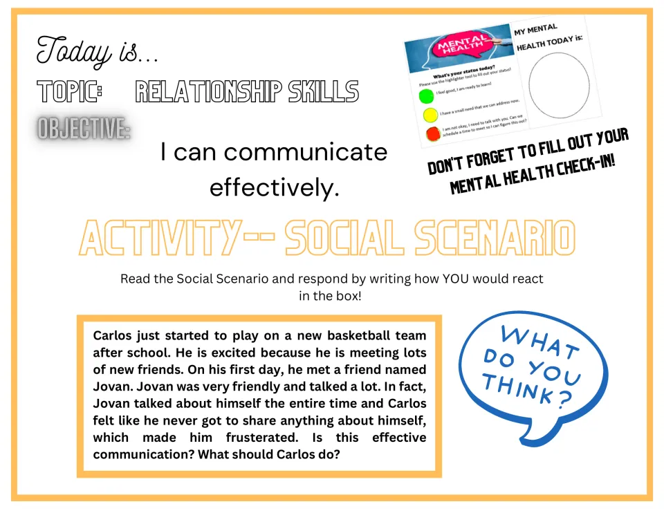 Social scenario opener about Carlos feeling frustrated when Jovan talks only about himself at basketball