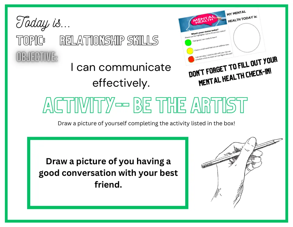 Be the Artist opener slide asking students to draw themselves having a good conversation with a best friend
