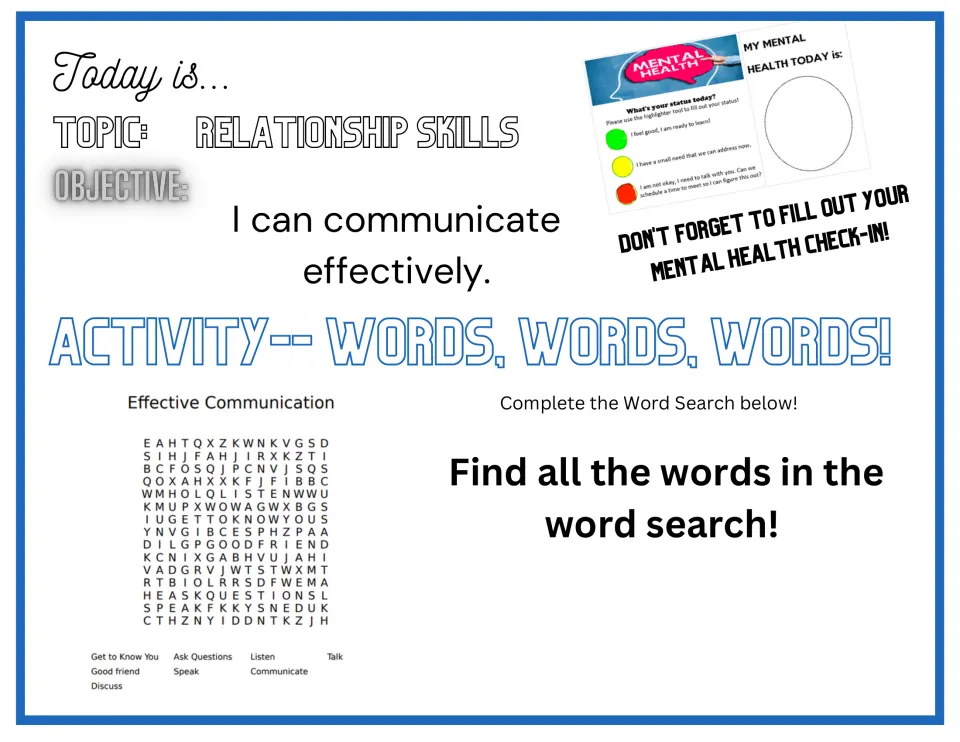 Effective communication word search opener featuring Listen, Ask Questions, Talk, Speak, and four more terms