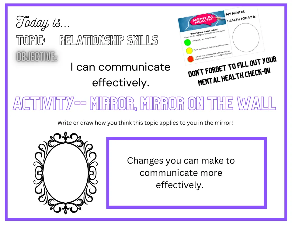 Mirror reflection opener asking students to write or draw changes they can make to communicate more effectively