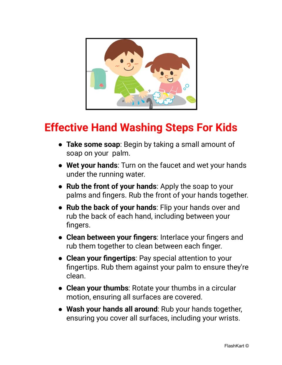 Color hand washing steps for kids: soap, wet hands at the faucet, rub fronts and backs, clean fingers, thumbs, wrists