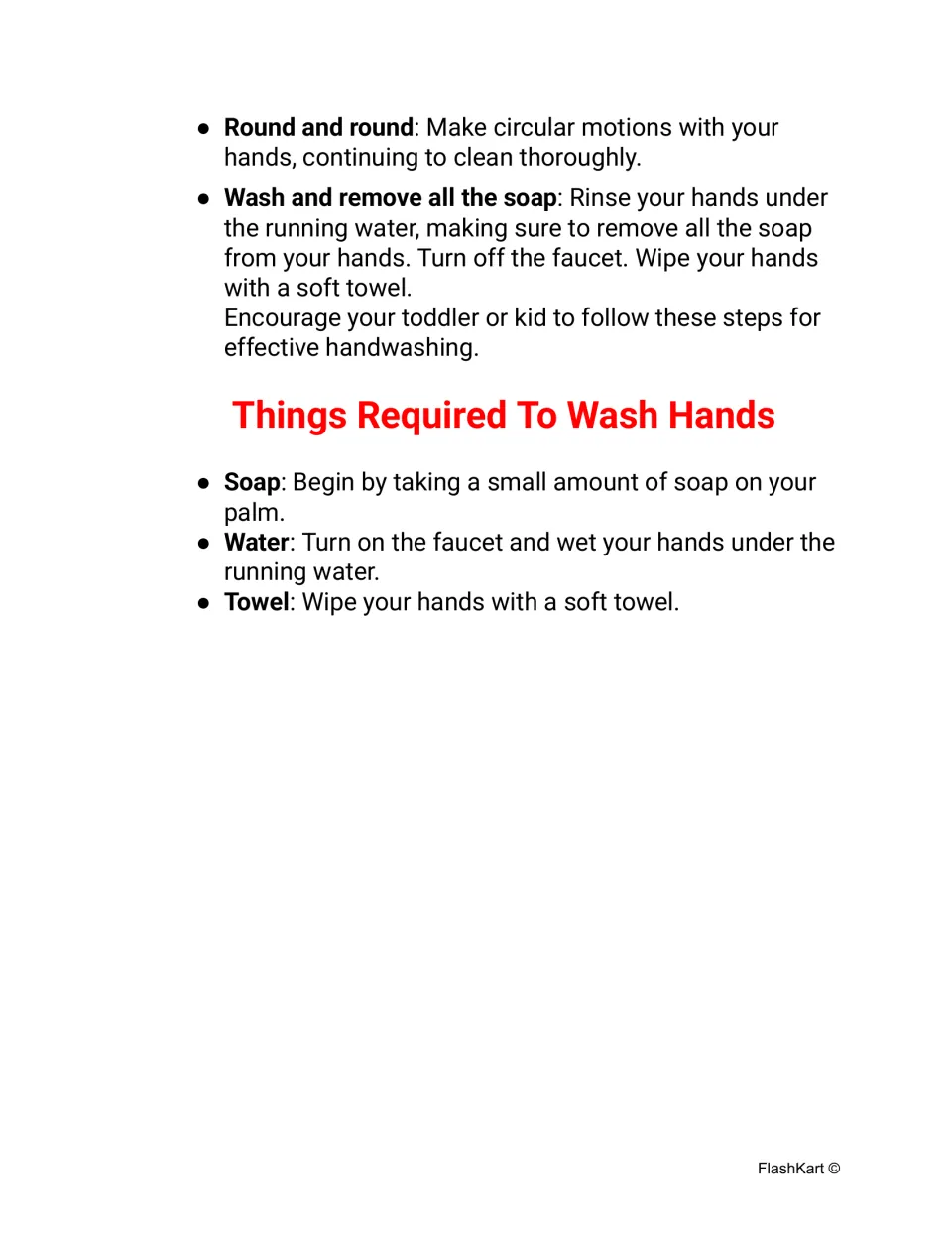 Final hand washing steps: rub round and round, rinse and towel dry, then a color list of soap, water and towel