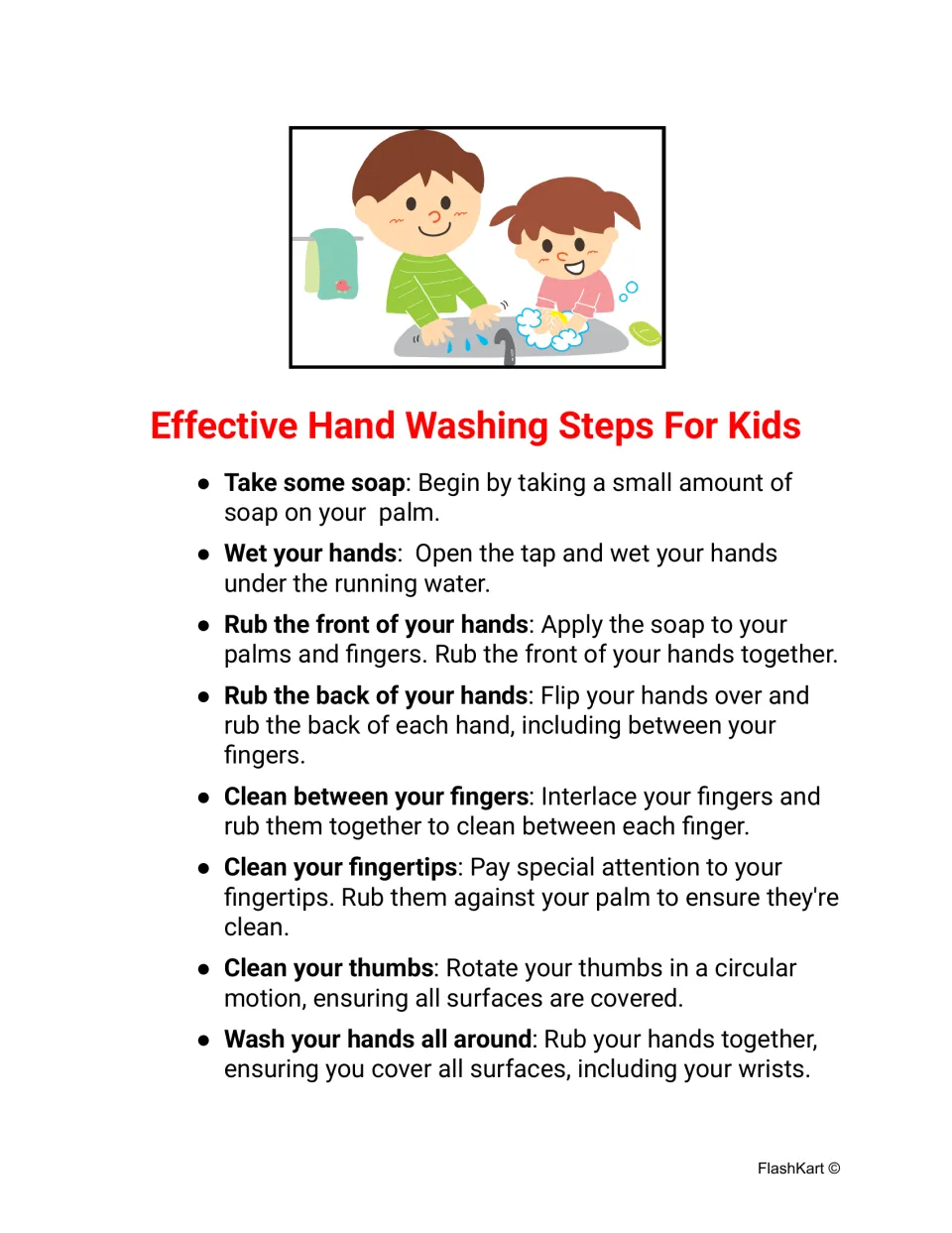 Color hand washing steps, tap wording: take soap, open the tap, rub hands front and back, clean fingers and thumbs