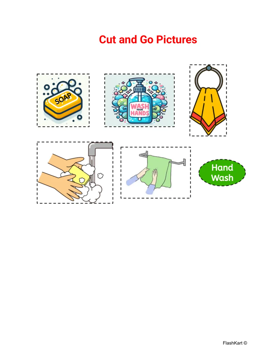 Cut and Go Pictures: cut-outs of soap, a Wash Your Hands bottle, towels, hands at a tap and a Hand Wash label