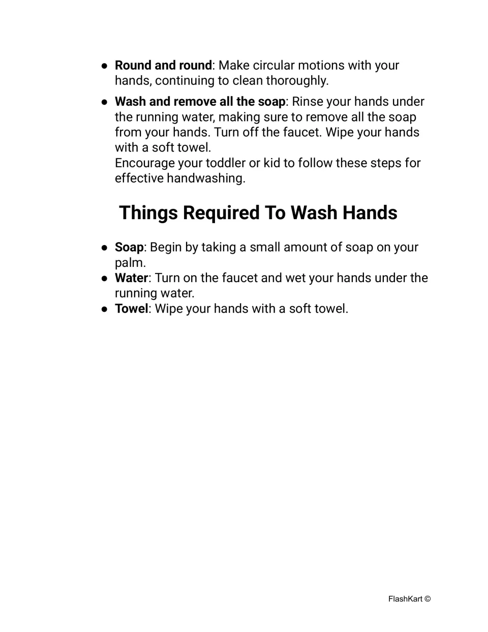 Grayscale last hand washing steps: rinse, turn off the faucet, towel dry; also lists the soap, water and towel needed