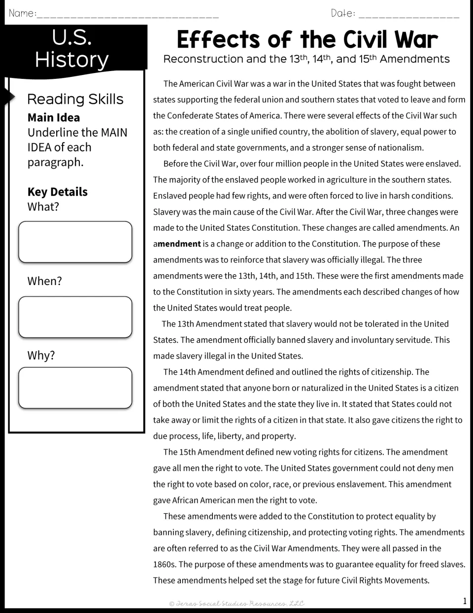 Civil War amendments reading passage: students underline each paragraph's main idea and note what, when and why