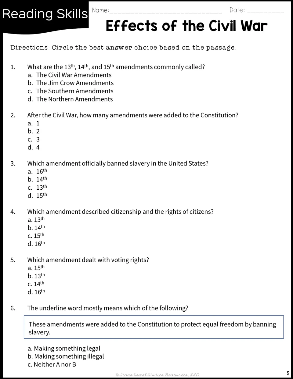 Multiple-choice questions 1 to 6 on the amendments, including a vocabulary item on banning; students circle answers