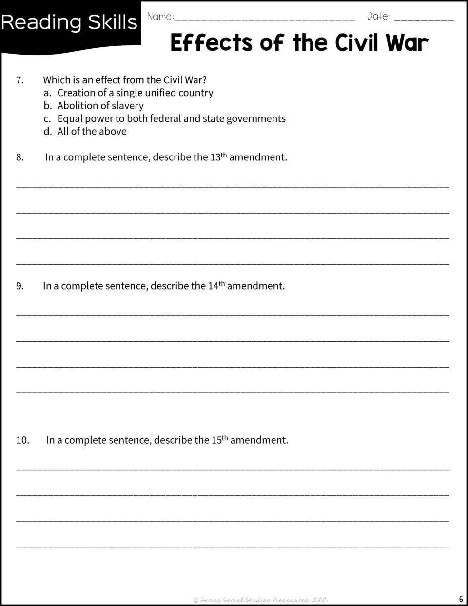 Question 7 on effects of the war, then lined prompts asking students to describe the 13th, 14th and 15th amendments