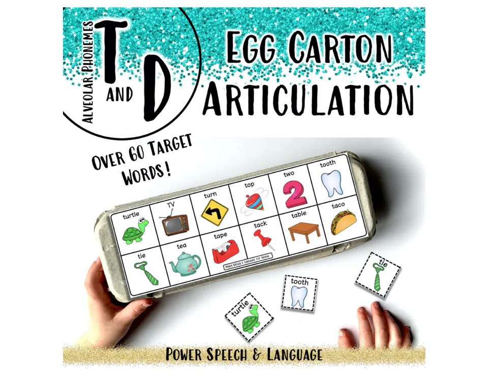 Cover for Egg Carton Articulation, T and D alveolar phonemes, showing a picture-word overlay taped on an egg carton