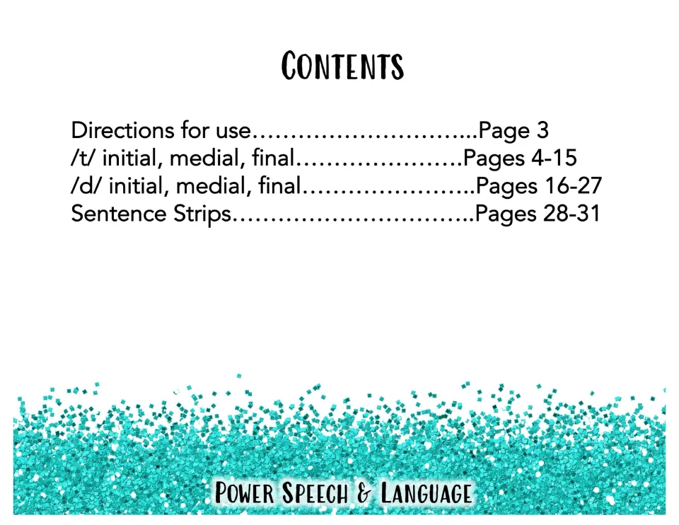 Contents list: directions, /t/ and /d/ initial, medial and final word sets, and sentence strips with page numbers