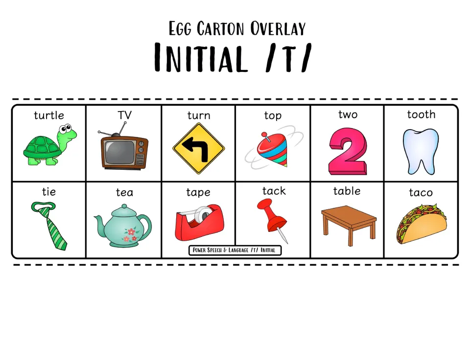 Initial /t/ overlay in color: 12 pictured words such as turtle, TV, tooth, tie, tape and taco for saying target words