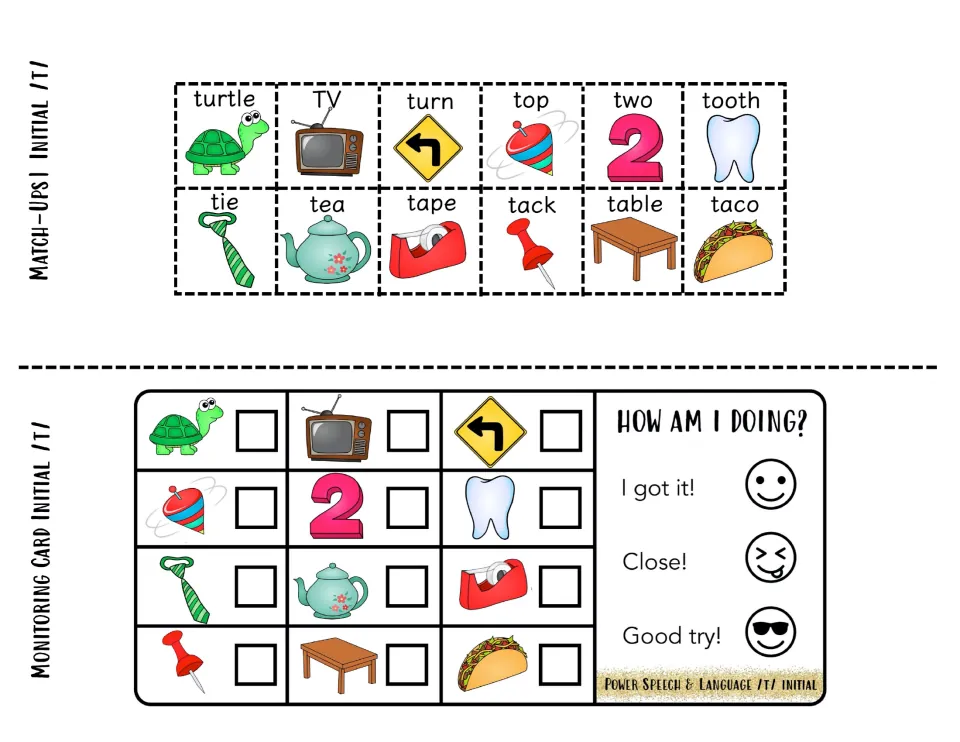 Initial /t/ match-up squares to cut out, with a monitoring card where students check off words and rate each production