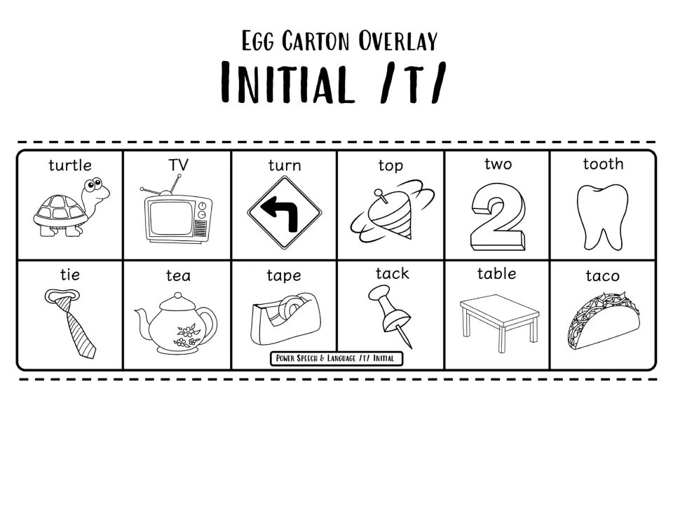 Black-and-white Initial /t/ overlay with 12 pictured words including turtle, top, two, tea, tack and table to practise